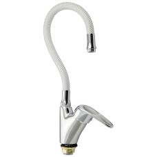 RUSSIA-MOSCOW 2074 Смеситель кухонный, шаровый, боковой, с сатеновой ручкой, с гибким изливом БЕЛОГО цвета