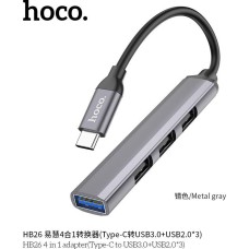 HOCO (6931474765482) HB26 USB HUB Type-C+1USB 3.0+3USB 2.0 , Metal Grey