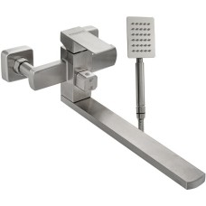 МАГНУС 9227 Смеситель для ванны, длинный излив, шаровый, с дивертором на корпусе, квадратный корпус, из нержавеющей стали марки 304, цвет САТИН