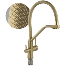 МАГНУС 91133 Смеситель для кухни с гибким золотым рельефным изливом, с фиксацией на изливе, для фильтрованной воды, шаровый, из нержавеющей стали марка SUS 304, цвет корпуса матовое ЗОЛОТО