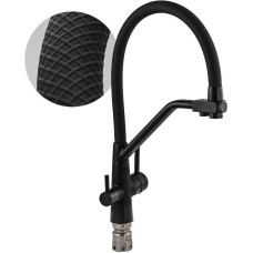 МАГНУС 91132 Смеситель для кухни с гибким чёрным рельефным изливом, с фиксацией на изливе, для фильтрованной воды, шаровый, из нержавеющей стали марка SUS 304, цвет корпуса ЧЁРНЫЙ