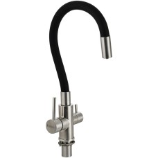 МАГНУС 91129 Смеситель для кухни, гибкий ЧЕРНЫЙ излив, шаровый, с двойным выпуском воды для фильтра, корпус из нержавеющей стали марки 304, цвет САТИН