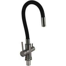 МАГНУС 91130 Смеситель для кухни, гибкий ЧЕРНЫЙ излив, шаровый, с двойным выпуском воды для фильтра, корпус из нержавеющей стали марки SUS 304, цвет ГРАФИТ