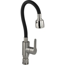 МАГНУС 9216-B Смеситель для кухни, с гибким чёрным изливом и двухрежимным аэратором, корпус из нержавеющей стали марки SUS 304, цвет САТИН